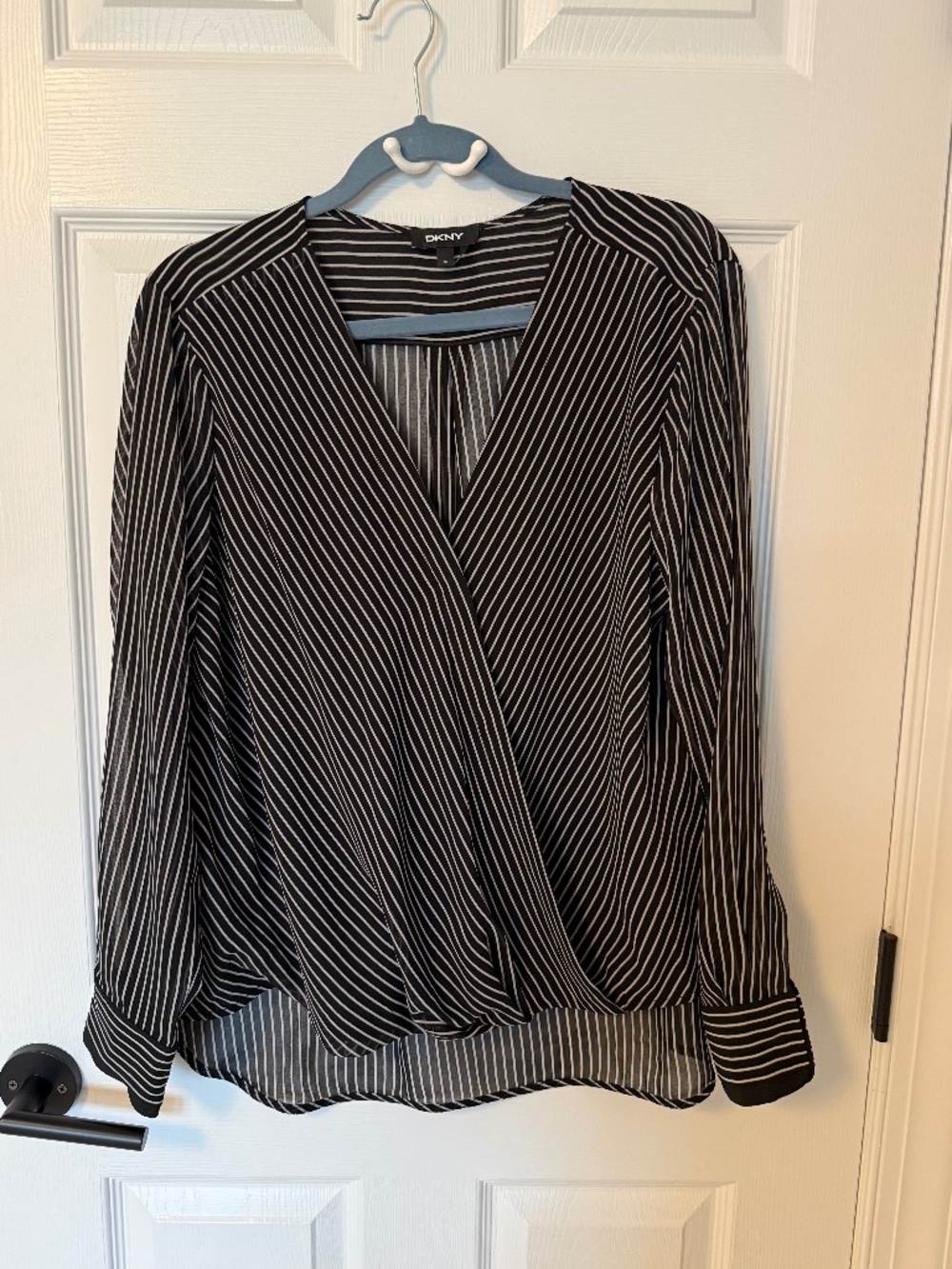 DKNY Black White Striped Wrap Front Blouse Size Medium
